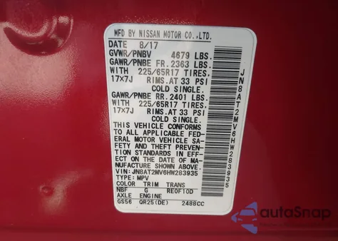 2017 Nissan Rogue Sv from USA, damaged, VIN JN8AT2MV6HW283935